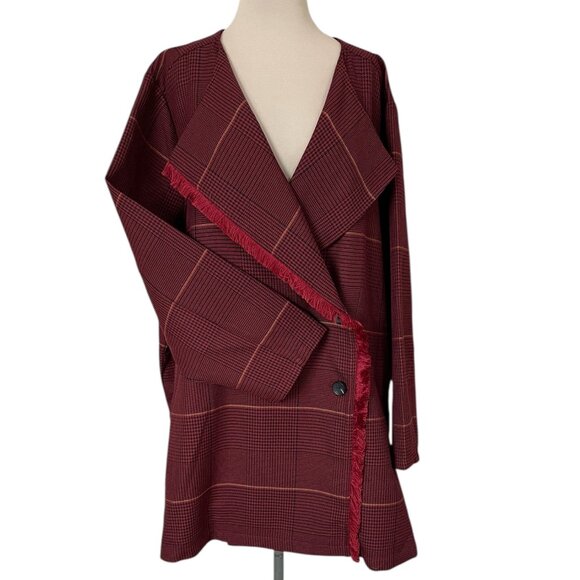 NWOT Laurie Felt Zoe Plaid Wrap Coat in Burgundy with Fringe Trim, Size 3x - Picture 2 of 11